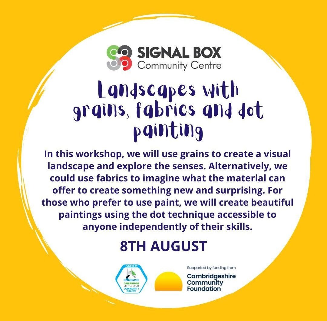 mindsarts's tweet image. Our second arts workshop at Signal Box is happening tomorrow (8th August):

Landscapes with grains, fabrics and dot painting! 

All genders welcome 6-16-year-olds, 4-6 pm!

#CreativeConnections #WellbeingThroughCreativity