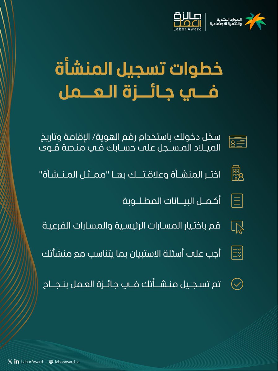 LaborAward's tweet photo. تعرّف على طريقة تسجيل المنشأة في #جائزة_العمل
وبادر بتسجيل منشأتك الآن عبر زيارة الموقع الالكتروني:

https://t.co/4AFqSoUptX https://t.co/zAVzswCooz