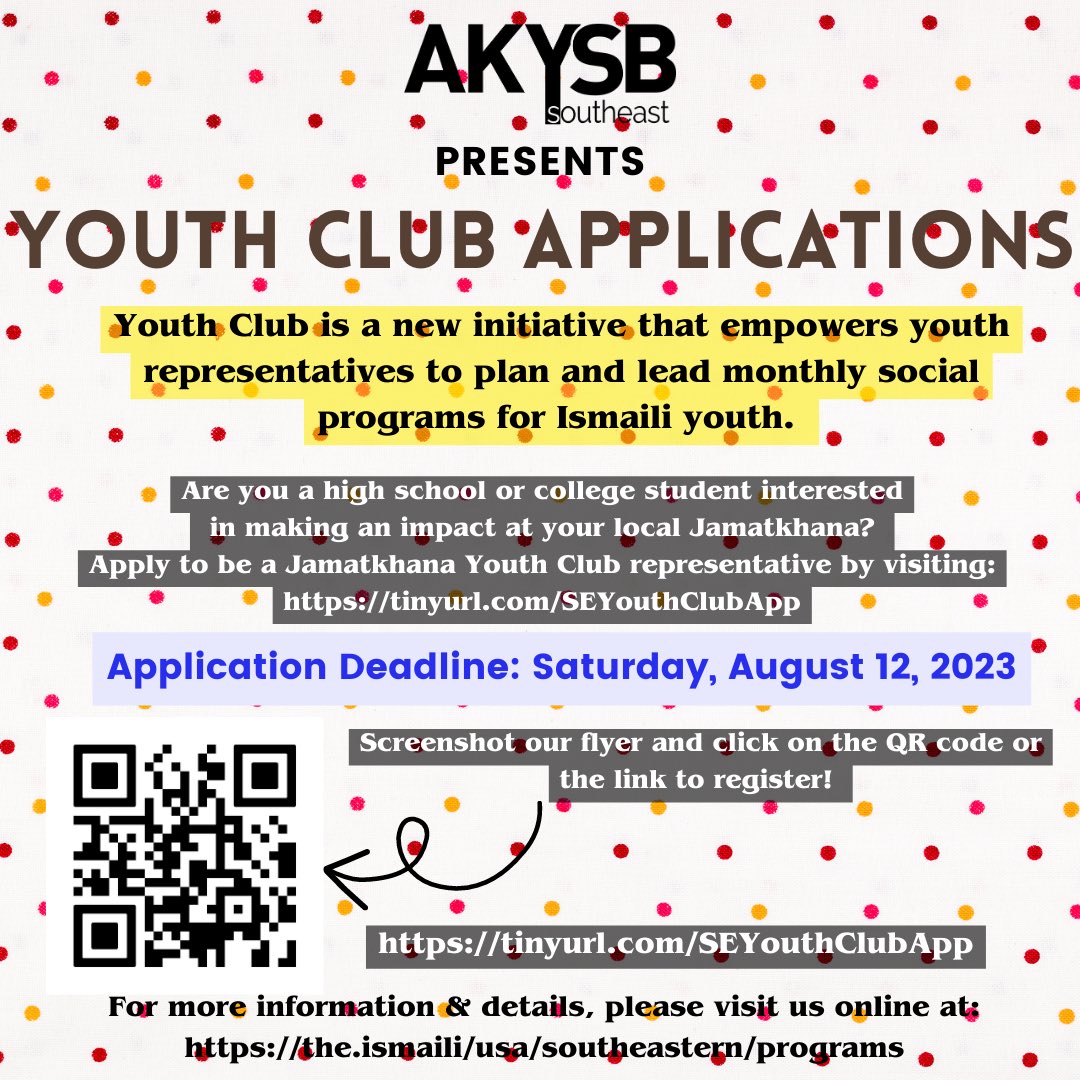 akysbsoutheast's tweet photo. Are you interested in organizing events for students in your local jamatkhana? Sign up to a youth club ambassador! From events like going to TopGolf or having a movie night in jamatkhana, join us to make fun events throughout the school year for everyone!

https://t.co/GPPH2vkQNK https://t.co/qnN8gWnf5m