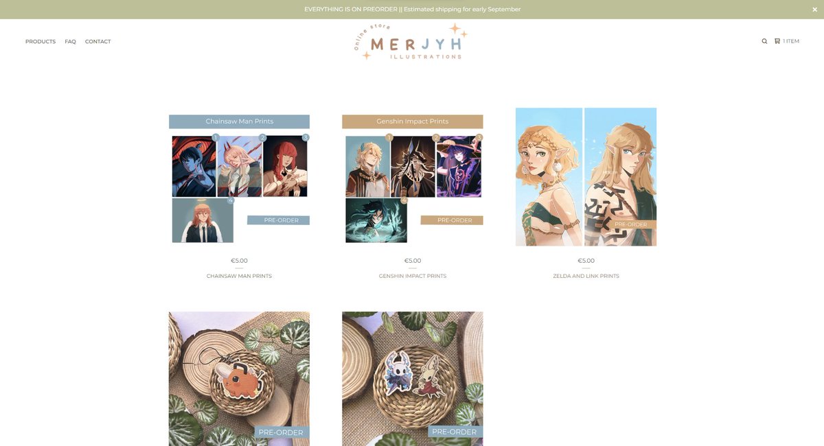 🌼My online store is open!🌸

He abierto una tiendecita online para preorders de algunas prints y charms! (csm, zelda, hollow knight...)

Los pins y los llaveritos de madera no estarán disponibles durante mucho tiempo, así que aquí os dejo el link!! 

🔗merjyh.bigcartel.com