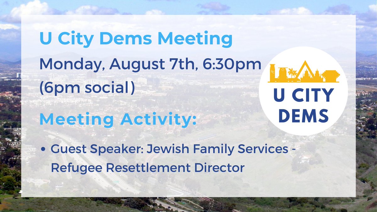 UCityDems's tweet photo. ✨Join us tonight for our monthly meeting! ✨

Our meeting starts at 6:30 PM with social time at 6:00 PM. So hop on early to chat with us!

This evening, we’ll hear from a guest speaker with @JFSSD who will share updates on their refugee resettlement program.

🔗 in bio to RSVP! https://t.co/64fy3ol6GA