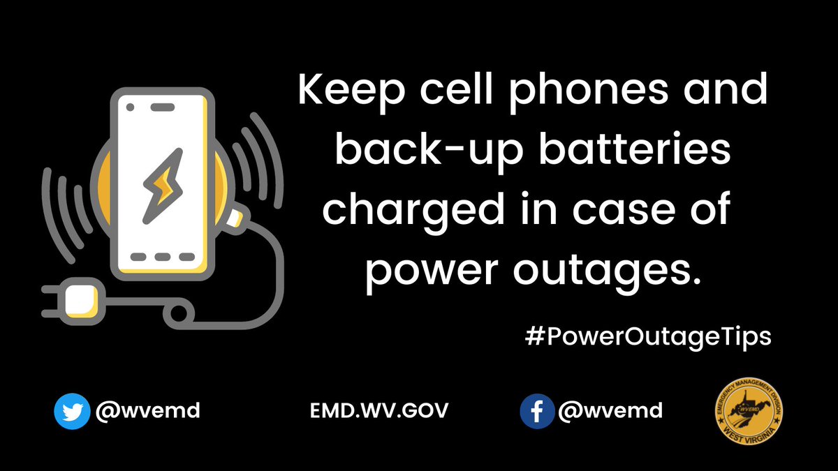 WVEMD's tweet image. Severe weather can cause power outages. Make sure you can get important alerts and stay in touch with others by charging cell phones and back up batteries before severe weather strikes. #PowerOutageTips