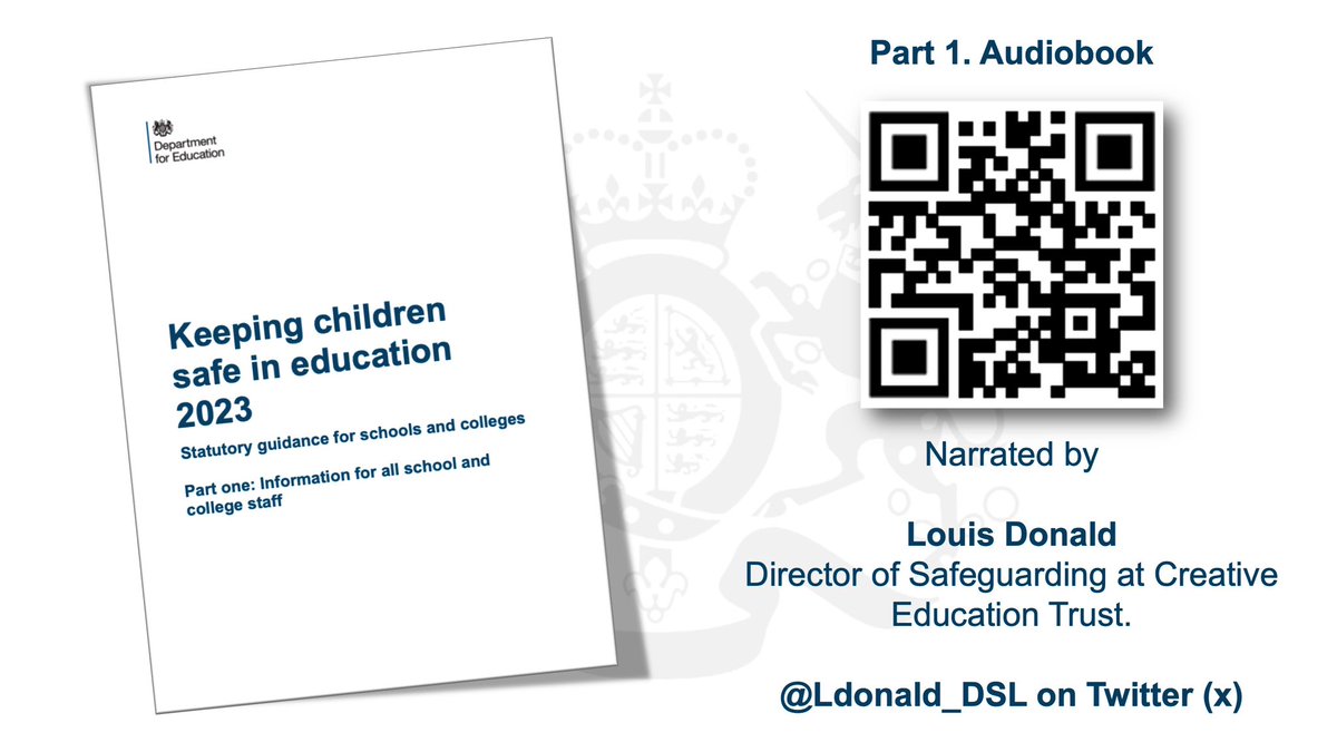 Pleased to share an audiobook version of Part 1. ‘Keeping Children Safe in Education’ (2023).

Reading a 44-page document isn’t easy; It takes over 2hrs to record; how long does it take staff to read it properly?

Download via the QR code…

#KCSIE23 #DSL #AccessibleCPD