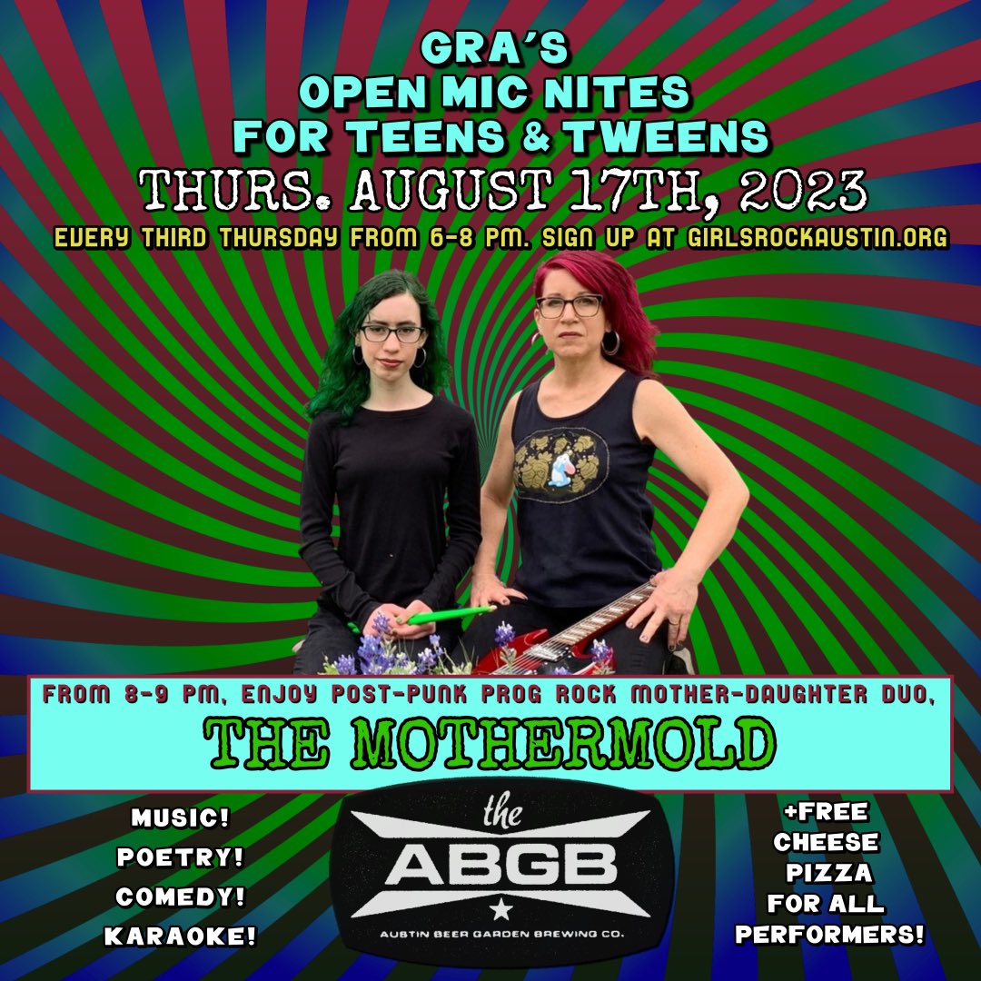 #atxmusic fans: All-ages show after @GirlsRockAustin open mic night for teens & tweens! First week of school, Thursday Aug. 17! Come have some fun!
#austinmusic #allages #livemusic #openmic #atx #austin #austinfamily