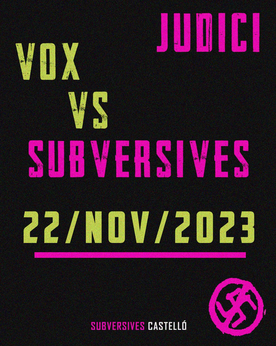 🔴NI UN PAS ENRERE CONTRA EL FEIXISME 

Santiago Abascal es va querellar contra Subversives i el 22 de novembre anem a juí. Vox demana a l'encausada tres anys de presó. 

Informarem sobre l'acte antirepressiu. De la mà d'<a href="/AlertaSolidaria/">Alerta Solidària</a> els plantem cara ✊🏿

#TotesSomSubversives