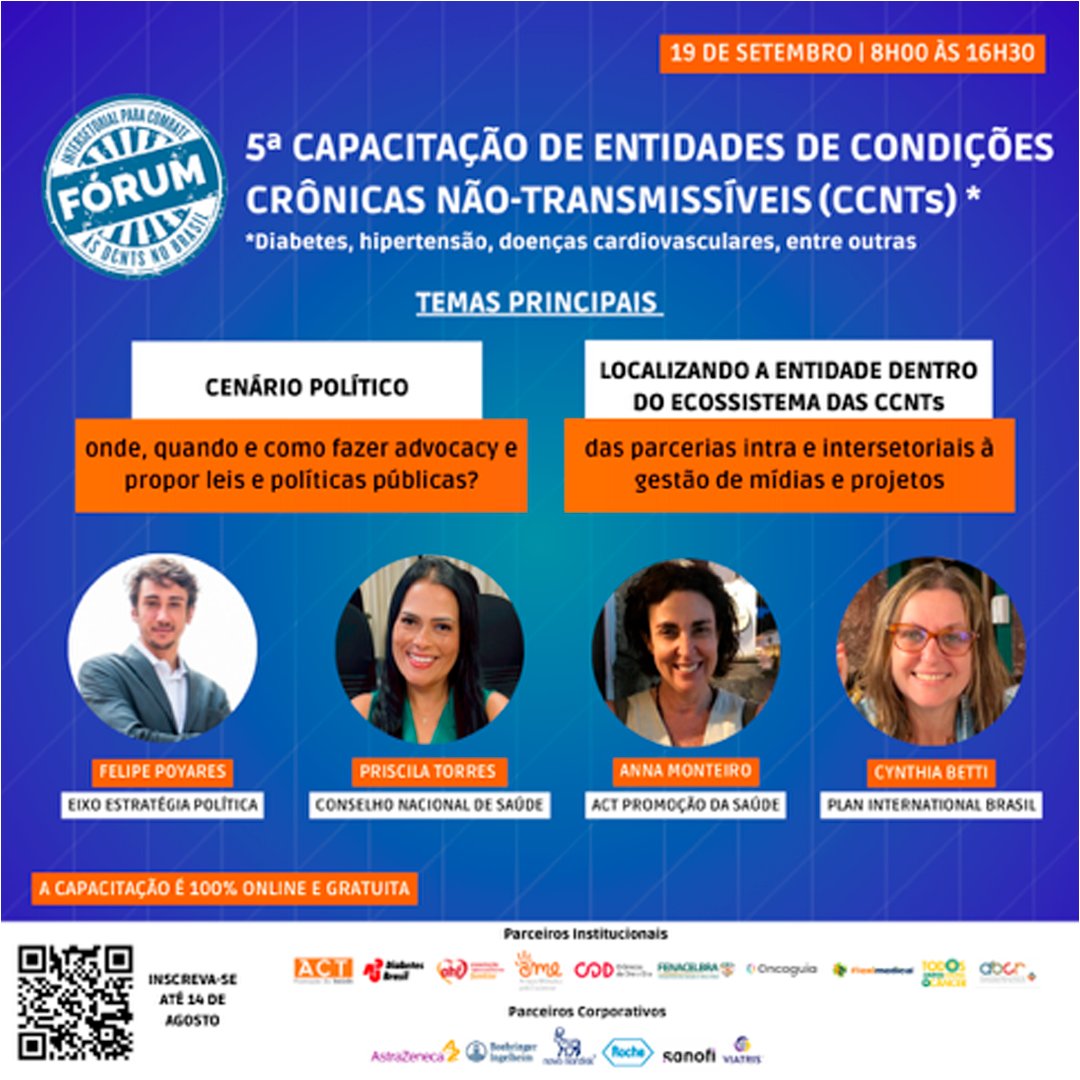 O <a href="/ForumDCNTs/">FórumCCNTs</a> está com inscrições abertas p/ a 5ª Capacitação de Entidades que trabalham com condições crônicas não transmissíveis. O workshop será online e é gratuito. Vai ser realizado em 19/09, das 8h às 16h30. Vagas limitadas e inscrições até 14/08: bit.ly/capacitacao-or…