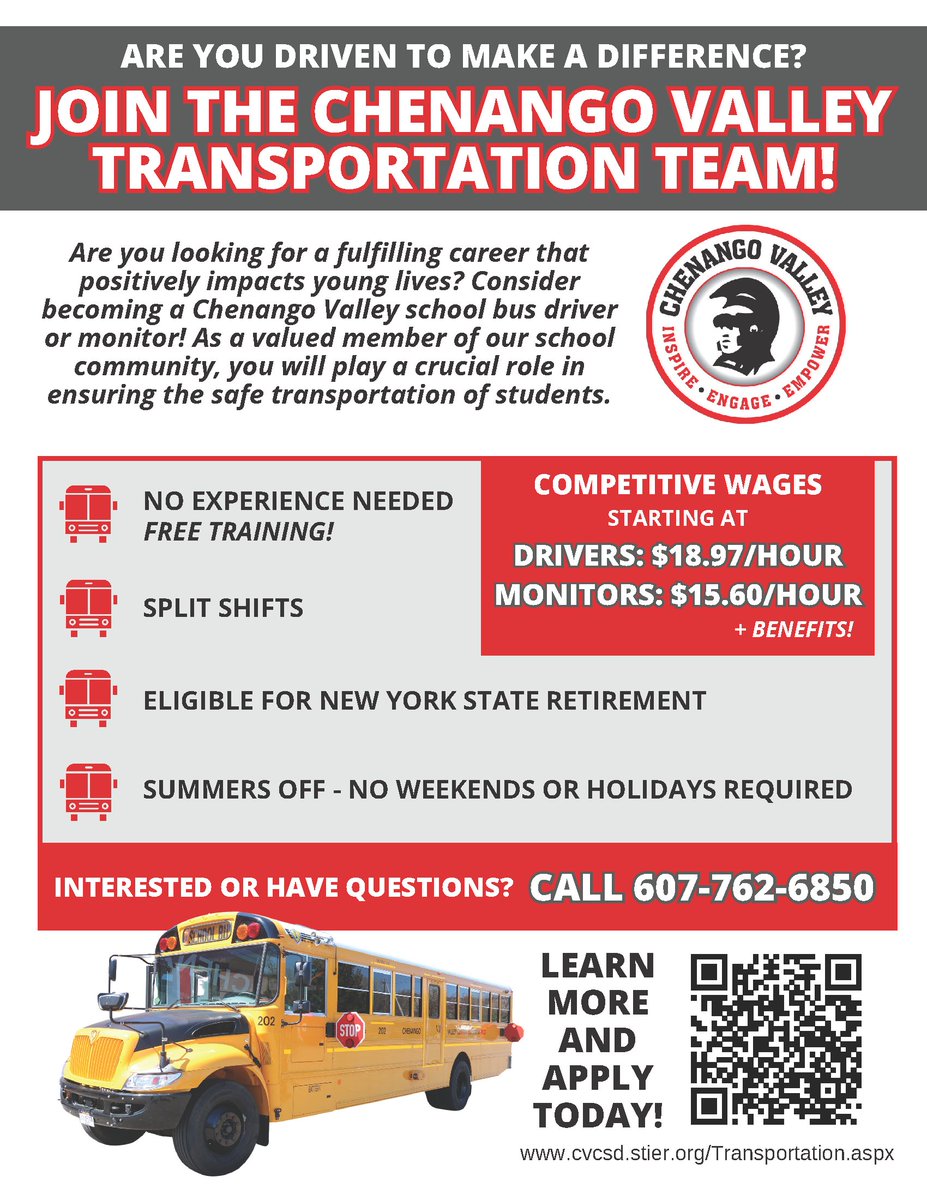 Are you or someone you know interested in becoming a school bus driver or monitor? Join a great team at Chenango Valley. Apply today and help spread the word about this fulfilling and important work with many advantages! 📝🚍 

More Information: cvcsd.stier.org/Transportation…