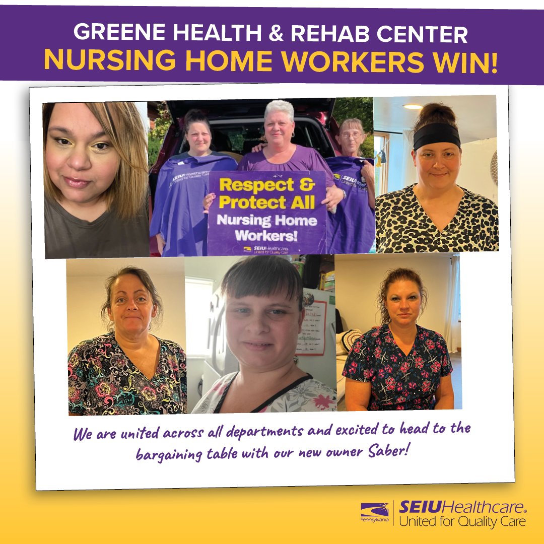 Congratulations to the workers at Greene Health &amp; Rehab who voted to form a union at their nursing home last week. We're ready to head to the bargaining table with new owner Saber to negotiate a strong contract. 

United we stand for our residents, our coworkers, &amp; our jobs ✊