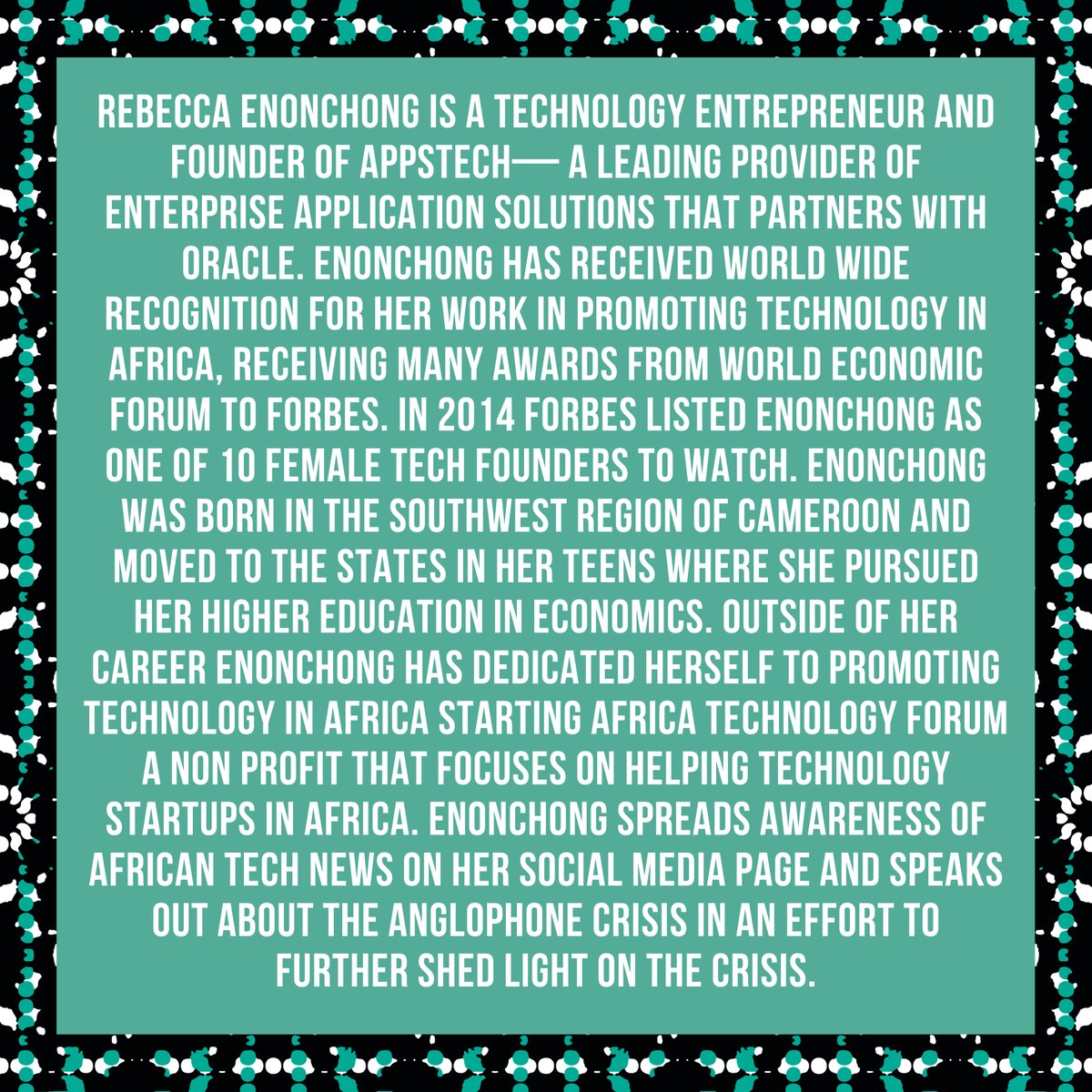 justicecameroon's tweet photo. This weeks Cameroonian you should know is Rebecca Enonchong! @africatechie
#justiceforcameroon https://t.co/tyh0BPrlt3