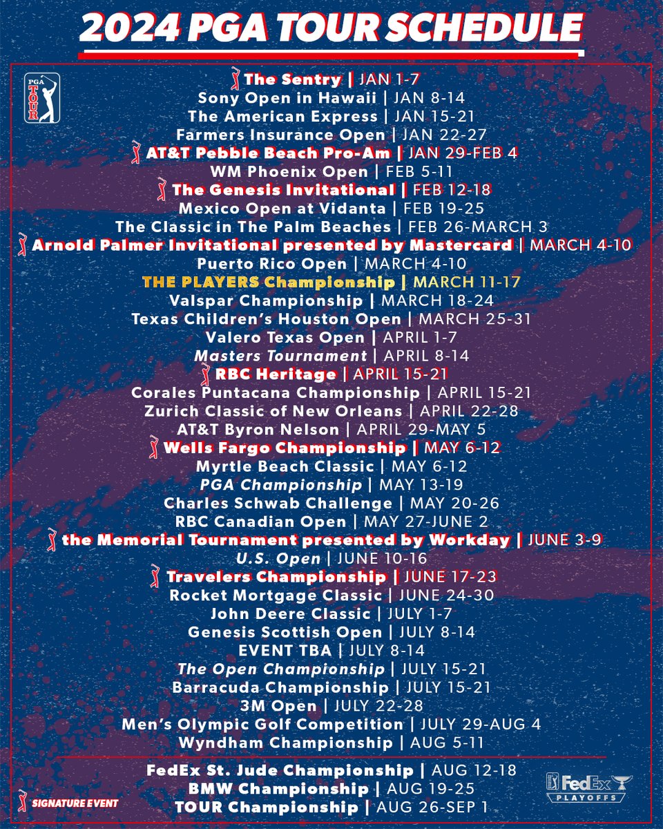 PGATOUR's tweet photo. The full slate for the 2024 season with all eight Signature Events ⬇️ https://t.co/nIOkpi8K3S