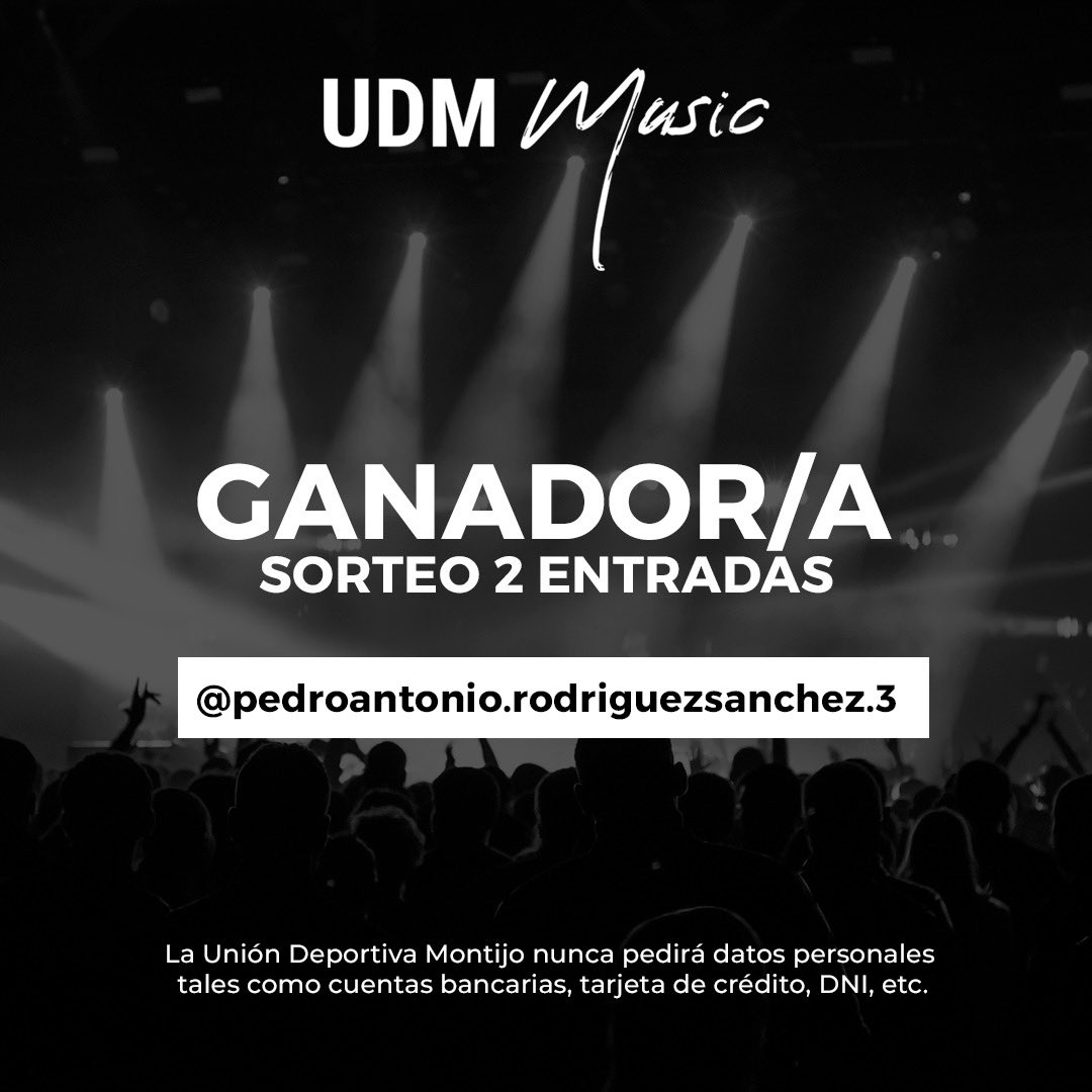 UDMONTIJO's tweet photo. 🍀 Ya tenemos los ganadores del sorteo de las entradas 🎫 del #UDMMusic 🎶.
Facebook e Instagram
👏 ¡Enhorabuena! Podéis poneros en contacto con nosotros vía mensaje para recibir las entradas 📲. https://t.co/XiCxHaBRMz