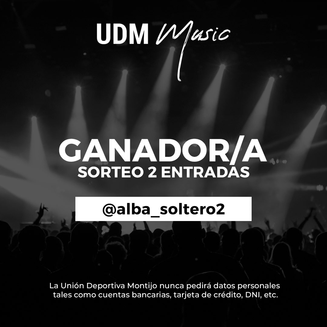 UDMONTIJO's tweet photo. 🍀 Ya tenemos los ganadores del sorteo de las entradas 🎫 del #UDMMusic 🎶.
Facebook e Instagram
👏 ¡Enhorabuena! Podéis poneros en contacto con nosotros vía mensaje para recibir las entradas 📲. https://t.co/XiCxHaBRMz