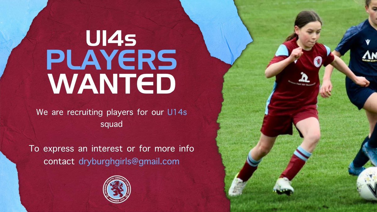We are recruiting players NOW for our U14s &amp; U18s squads ⬇️

📚⚽️ 2 training sessions per week with SFA qualified &amp; PVG coaches 

⚽️ Weekend games

👚Match kit &amp; Training kit supplied 

👣 Full football pathway to 2 Women’s sides

For more info email dryburghgirls@gmail.com
