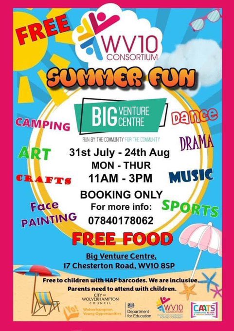 We have a limited number of spaces available now at Big Venture for our summer activities🌞Community shop &amp; Charity Shop also open on site. Hot cooked lunches for all children. Come along and see us ☺️<a href="/WolvesCouncil/">Wolves Council</a> <a href="/BushburyHillEMB/">Bushbury Hill EMB</a> <a href="/CommunityOffer/">WolvesCommunityOffer</a> <a href="/WolvesHomes/">Wolverhampton Homes</a> <a href="/dbproductions20/">D&B Productions</a>