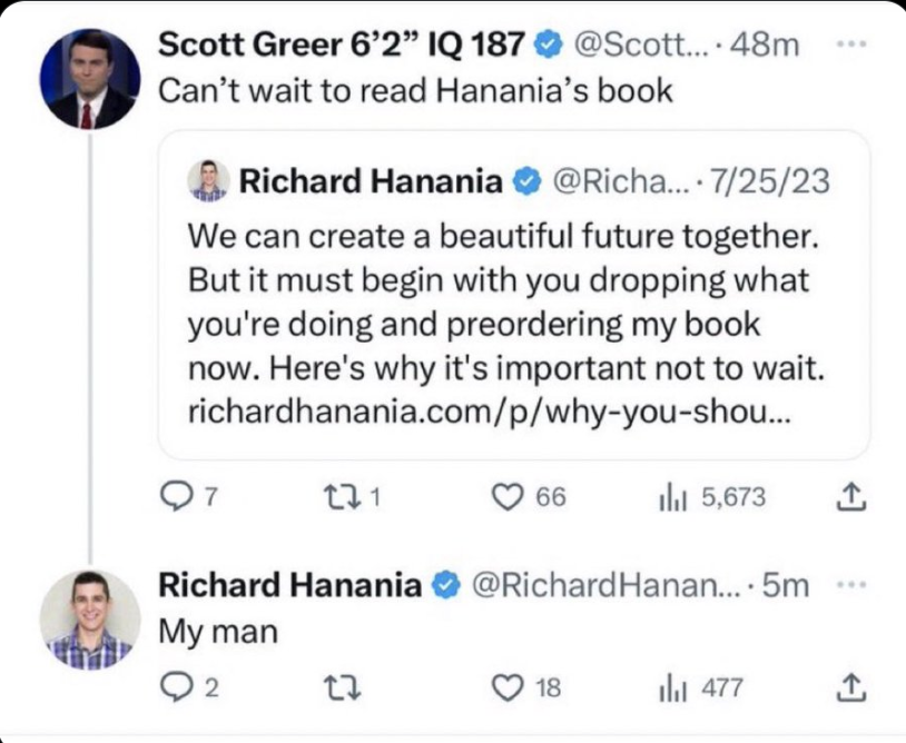 letsgomathias's tweet photo. Since my Hanania story published he's had friendly interactions on Twitter with:

Darren Beattie (https://t.co/Y6q2IRXVvO)

Chuck Johnson (https://t.co/OZwQplbl21)

Scott Greer (https://t.co/3QV6LIUlCQ) https://t.co/euTlJVhtdl