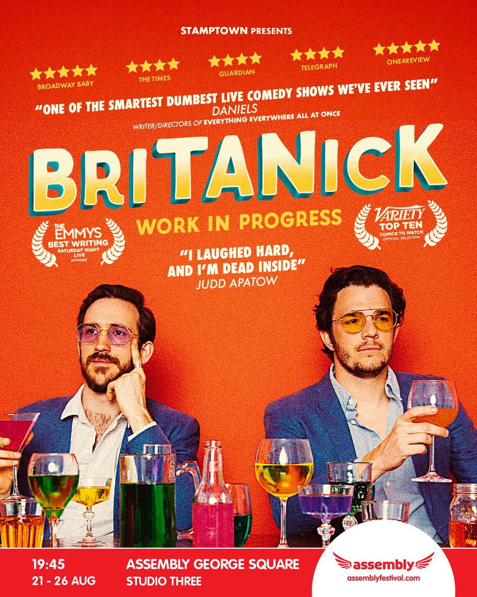 BriTANicK returns to the Edinburgh Fringe!

Aug 21-26
7:45pm

If you enjoyed our show last year pleasepleaseplease tell your friends because we’re a in a much bigger venue this time and holy god are there a lot of tickets we need to sell.

tickets.edfringe.com/whats-on/brita…