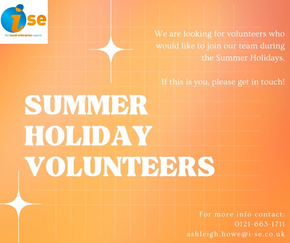 📣VOLUNTEERS WANTED📣 We are looking for Volunteers to join our fantastic team during the Summer Holidays at the Women &amp; Enterprise Community Hub! Call 0121-663-1711 or email ashleigh.howe@i-se.co.uk for more info 🙂💜🧡