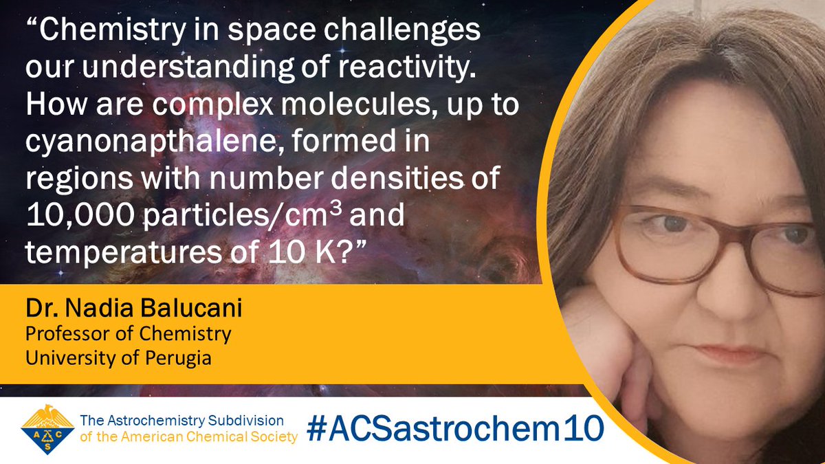 Dr. Nadia Balucani (<a href="/NBalucani/">Nadia Balucani</a>, of <a href="/UniperugiaNews/">Università degli Studi di Perugia</a> and associated member of the Italian Institute of Astrophysics #INAF) is an invited speaker at #ACSastrochem10. See her talk about stability of small aromatics in extraterrestrial environments on Sunday afternoon at #ACSFall2023!