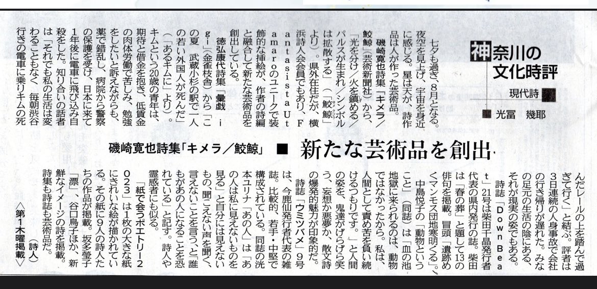 rottenlily's tweet photo. この前の詩誌ウミツバメ9号、わたしのやつ8/3 神奈川新聞にピックアップして頂いたようです。おおー！ありがとうございます！ 確かにこういう解釈にもなる。 https://t.co/yczyGqdBNm
