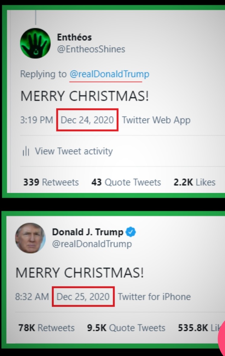 Raiden8pt0's tweet image. Thread 🧵

This is the something ELSE. The dates match....

Dec 24, 2020

"He was seated at his table &amp;amp; he swung his head around &amp;amp; he 
( @realDonaldTrump ) said MERRY CHRISTMAS to me. I said "MERRY CHRISTMAS Sir, we are about to give you the best CHRISTMAS present ever, you are