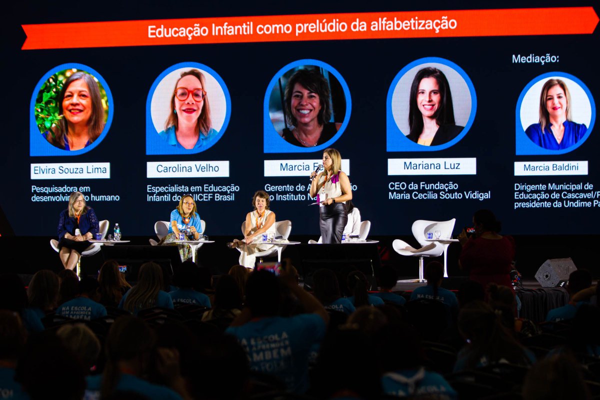 undime's tweet photo. A mesa “Educação Infantil como prelúdio da alfabetização”, mediada por Marcia Baldini, presidente da Undime/PR, contou com as convidadas Elvira Lima, Carolina Velho, Mariana Luz e Marcia Ferri. #undime #19ForumUndime https://t.co/sVeFfn84Fx