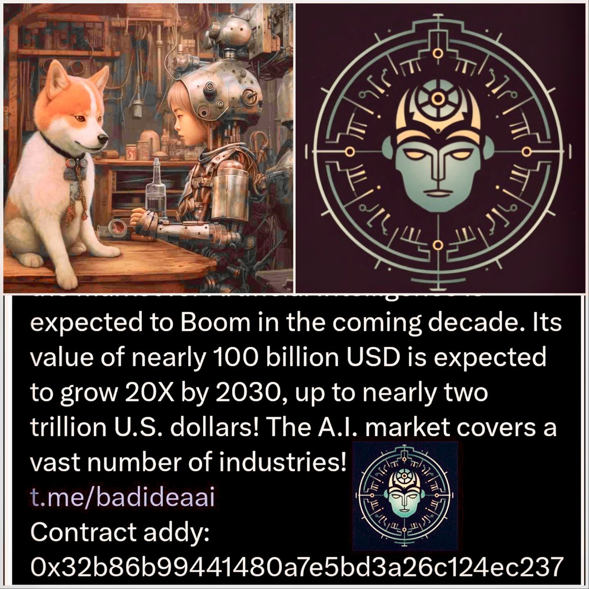 Joelliuzzi's tweet photo. With hype there comes excitement $BAD has brought so much hype as of late with holders increasing each day and floor slowly rising ! now comes the excitement ! With and expected 20x by 2030 can @badideaai be ahead of the #ai game ? As always please DYOR invest responsible 

https://t.co/HqCqQVqAoD

0x32b86b99441480a7e5bd3a26c124ec2373e3f015
$PNDC $EVIL $PEPE $BANK $COCO #midjourney #Crypto $TOSHI

https://t.co/9SnvV52dYO
