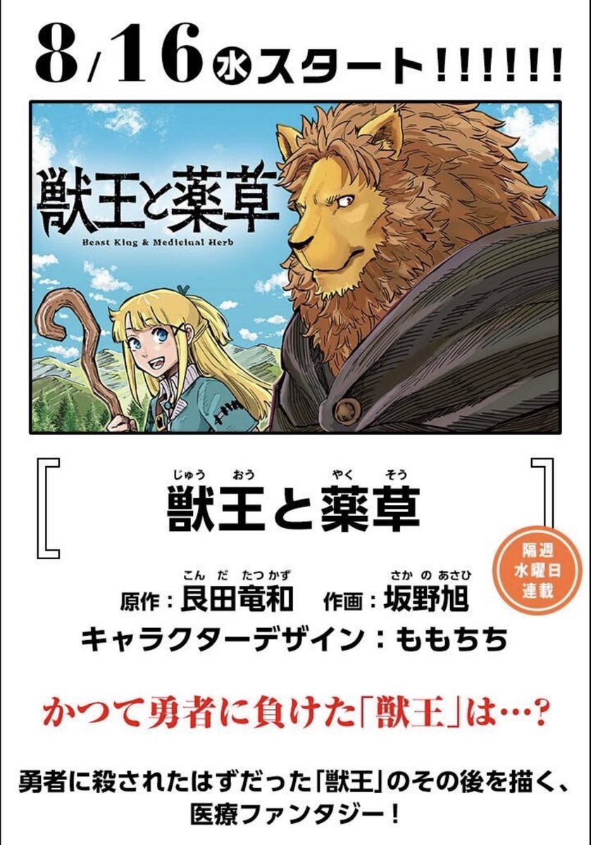 担当として準備していた夏の新連載が来週から始まります! 『獣王と薬草』はファンタジー✖️医療ものの作品で、タイトルの通り変わった主人公の物語。 『銀狼ブラッドボーン』原作の艮田さんとファンタジー作画の得意な坂野旭さん・ももちちさんと制作を進めています! 来週の水曜日をお楽しみに!