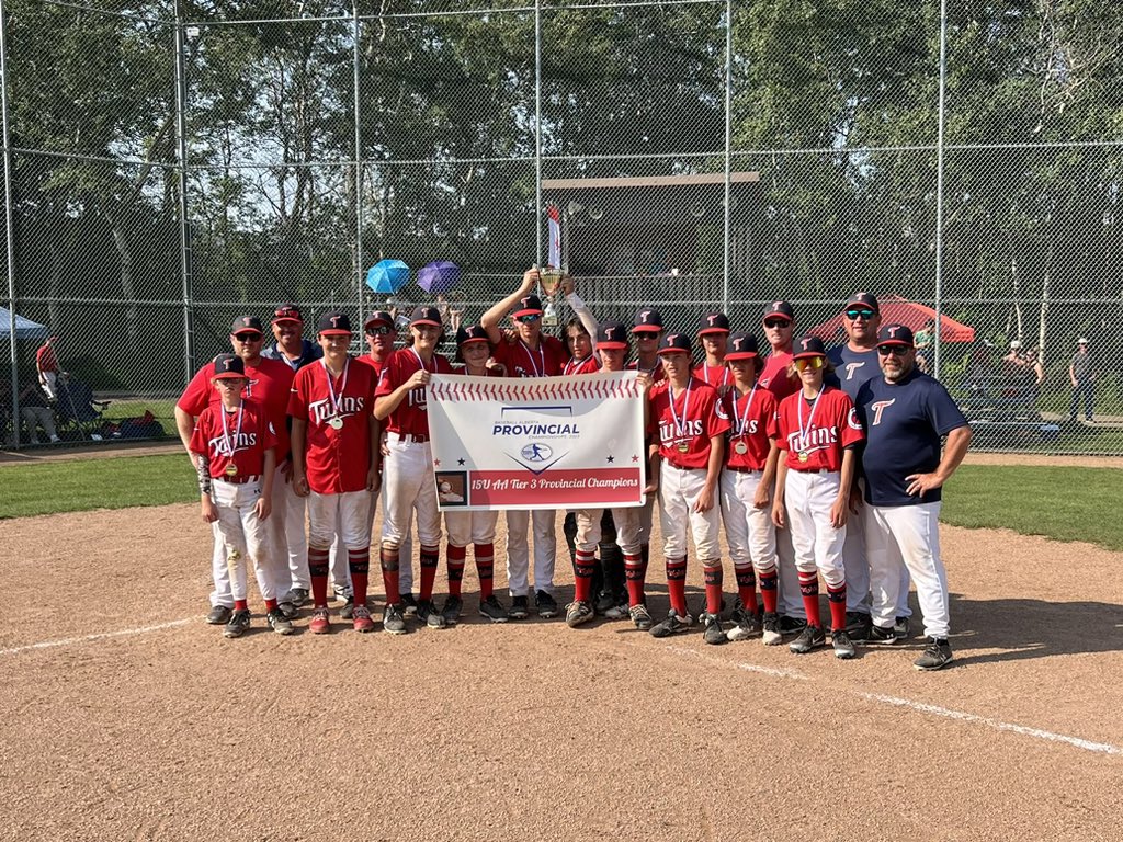 Congratulations to the 15U AA Twins Red squad who won the Tier 3 AA Provincial Championships yesterday in St. Albert.   The Twins went 5-0 on the weekend!