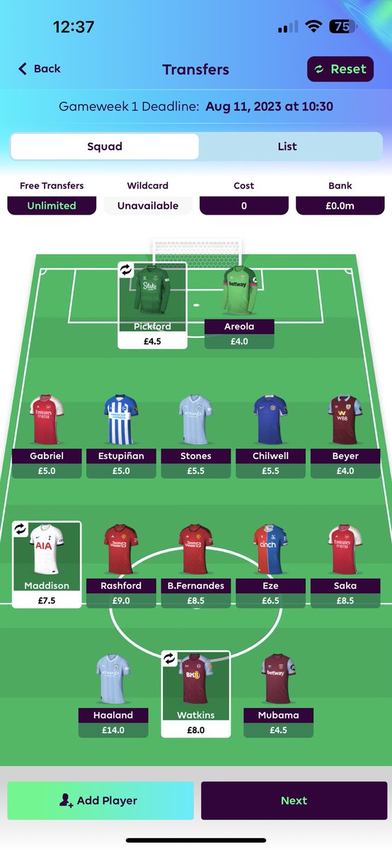 orileyorourke's tweet photo. @FPLfrasier Want to go with this but not sure to drop from Saka/Rashy/Bruno/Martinelli to bring in Maddison.. going to bring Jesus back in once fit https://t.co/i0Rvdrs1he
