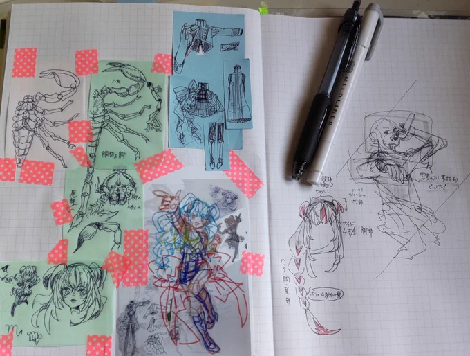 今日のラフ未満。 さそり座ちゃんを進めようと思ってます! ①今描いているラフ ②はじめの妄想 ③メモ類の転記 載せちゃお!  こうして並べると迷走具合がよくわかる!はじめの顔がいちばん好みですね!?直さなきゃだわ…って気づきを得た。たった今。 こうして載せると少し客観視できるので良