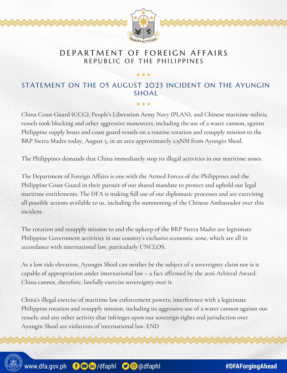 DFAPHL's tweet photo. ‼️READ‼️ #DFAStatement: Statement on the 05 August 2023 Incident on the Ayungin Shoal. Also found in this link 👉🏻 https://t.co/gb246W75Ua

#DFAForgingAhead https://t.co/Xi8Vhnvwcy