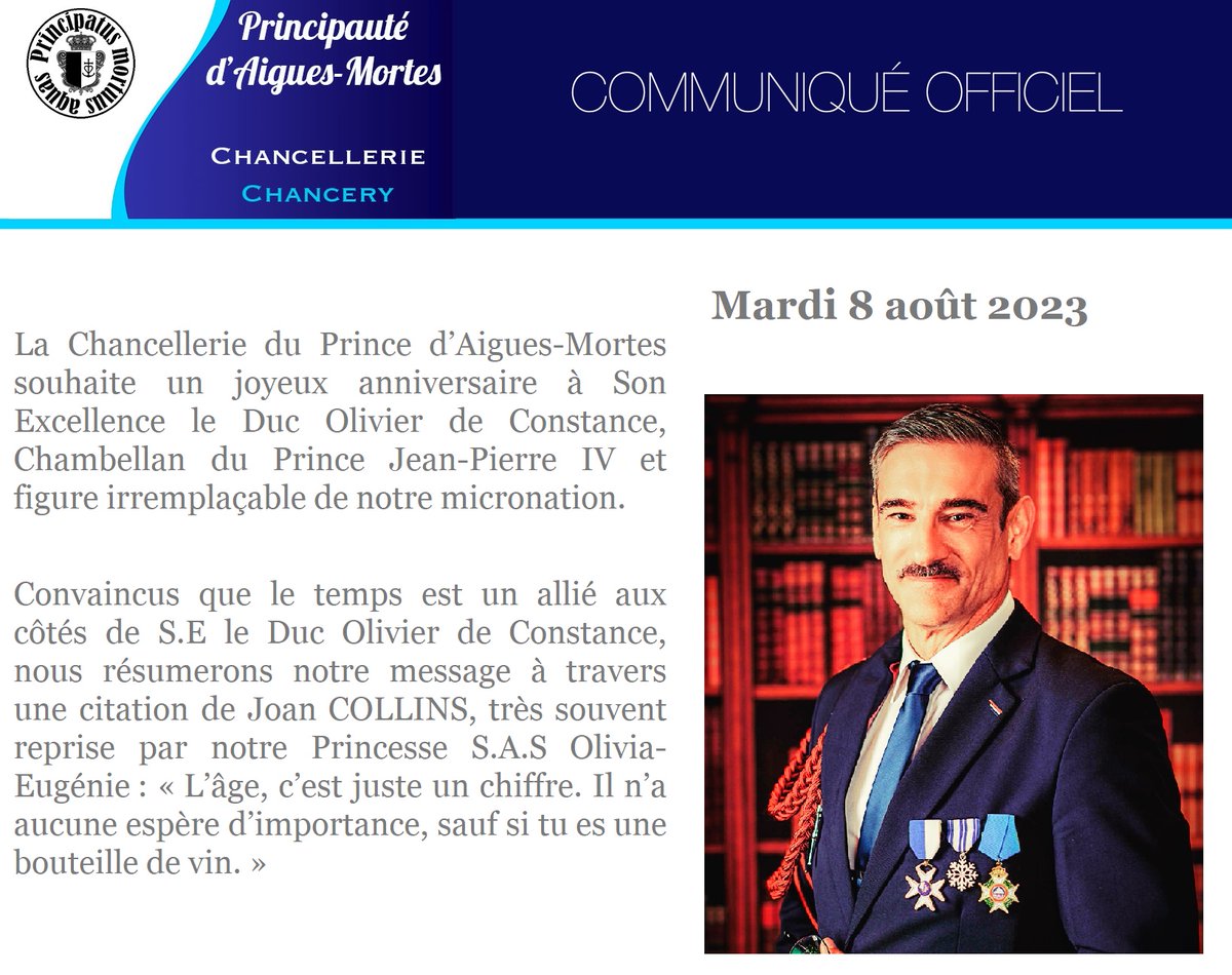 Cette année, pour l'anniversaire du Chambellan du Prince <a href="/JeanPierreQuatr/">Jean Pierre IV</a> S.E le Duc Olivier de Constance, nous citerons <a href="/Joancollinsdbe/">Joan Collins</a>  (une artiste très appréciée de notre Princesse Olivia-Eugénie) - #Micronation