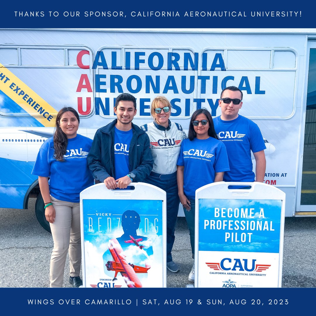 Thank you to our incredible sponsor, <a href="/CalAeroUniv/">California Aeronautical University</a>! 🙏

With its dedication to #aviation education, CAU empowers aspiring #pilots to soar to new heights. We are proud to have CAU's aviation partner, <a href="/vkflyer/">Vicky Benzing</a>, performing at #WingsOverCamarillo again this year!