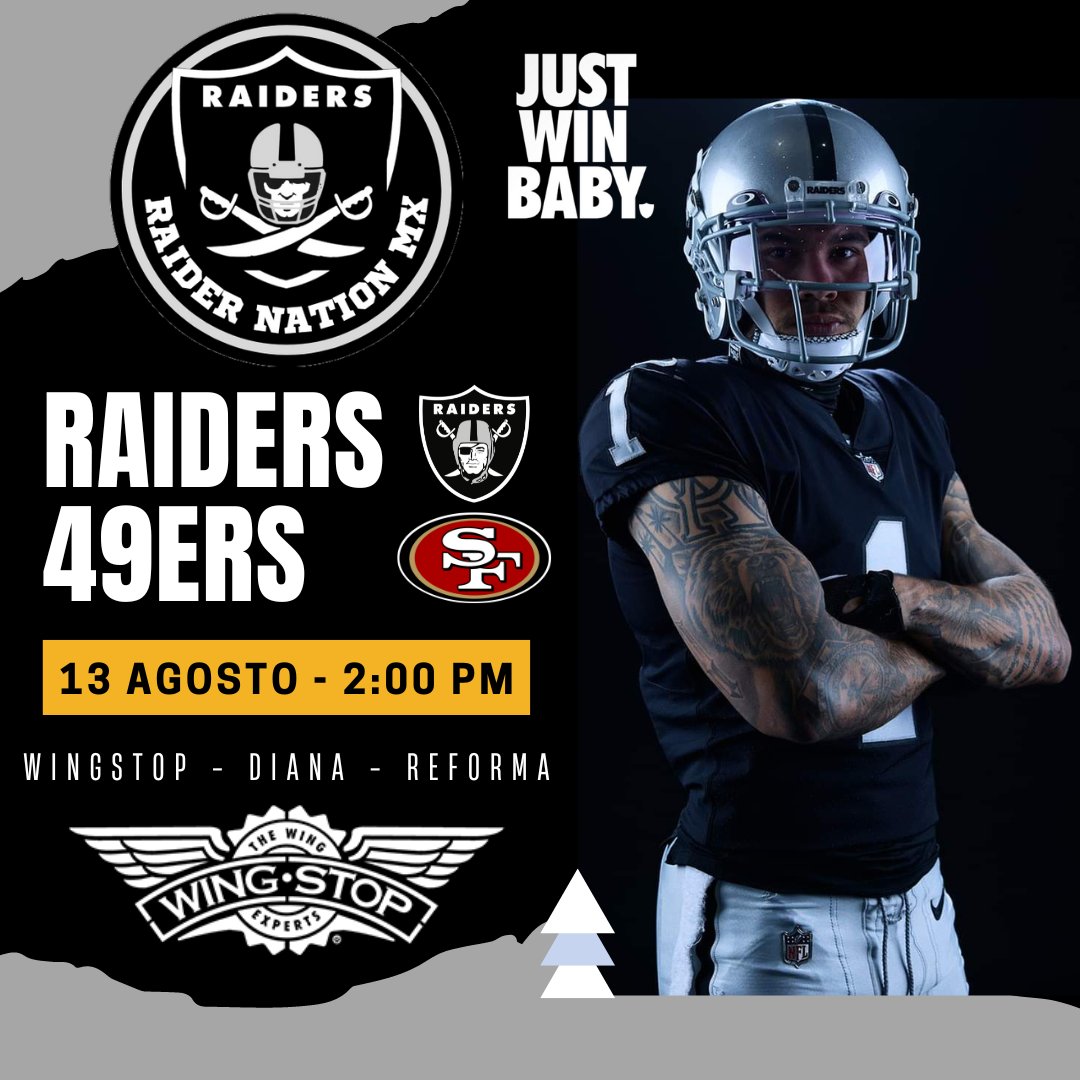 RaiderNationMX's tweet photo. 🚨ATENCIÓN🚨
¡Primer juego de pretemporada!

📺 Transmisión 
🏈 Raiders vs. 49ers
🗓️ Domingo 13 agosto
🕑 2 HRS. 
📍 Wingstop Diana Cazadora

 ¡Promociones! 

#lasvegasraiders 
#raidernationmx 
#raidernation 
#raidersmx
#raiders
#nflmx
#nfl https://t.co/VyK3k2vGEK