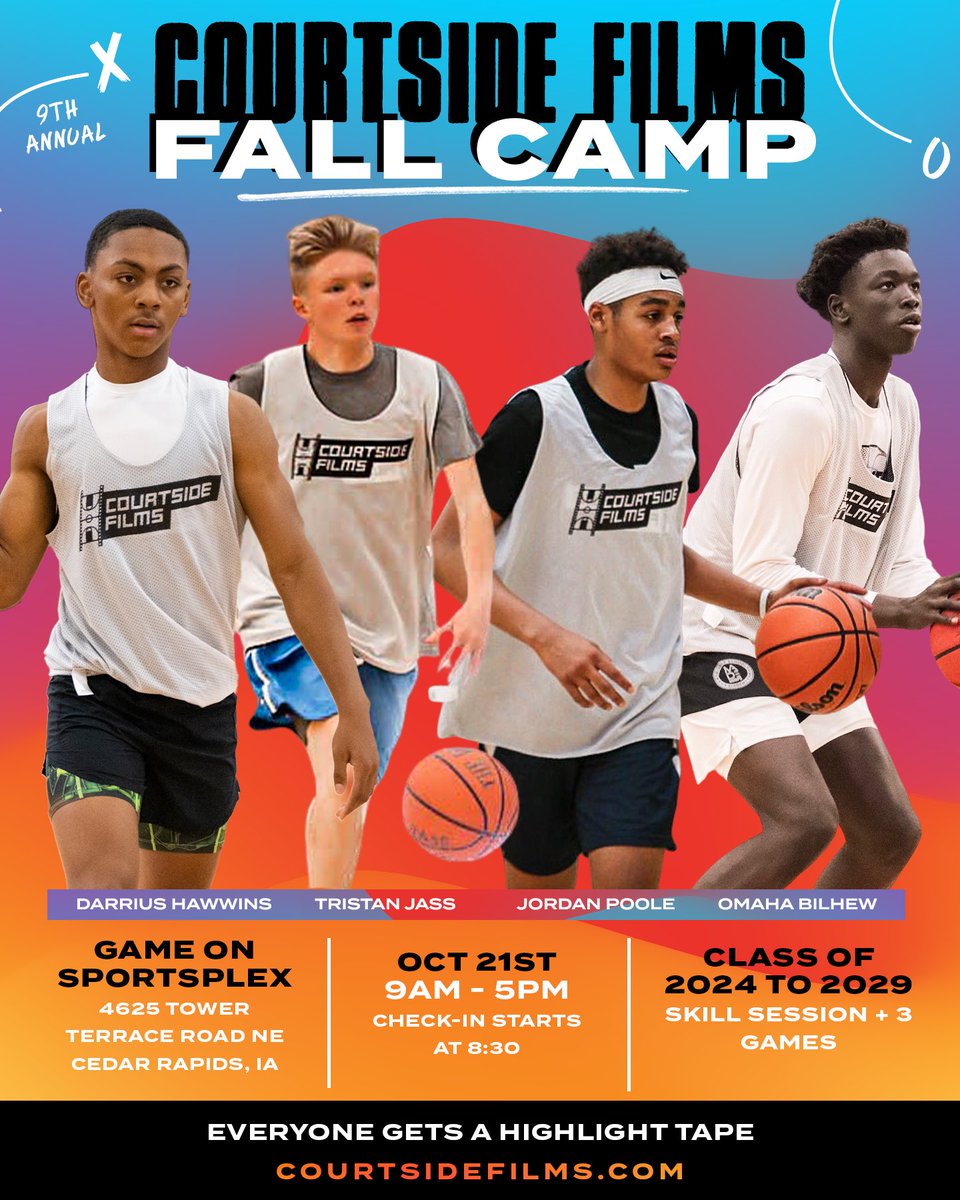 CourtsideFilms's tweet photo. UPCOMING COURTSIDE CAMPS!

Our 9th annual boys fall camp &amp; 5th annual girls camp 🏀🎥

• Competitive games
• Skill session with @handleUcrew 
• Everyone gets a highlight tape
• Courtside gear
etc

Boys sign up: https://t.co/zYSGm7ANyM

Girls sign up: https://t.co/5tttbe4nKG https://t.co/YIxq0m06AI