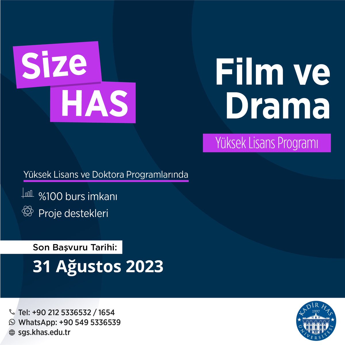 KHAS_SGS's tweet photo. Film ve Drama Yüksek Lisans programı için başvurular devam ediyor !

KHAS Lisansüstü programları ile akademik kariyerinize yön vermek ve profesyonel hayatınızda bir adım öne çıkmak sizin elinizde! https://t.co/qfhbUz6THX