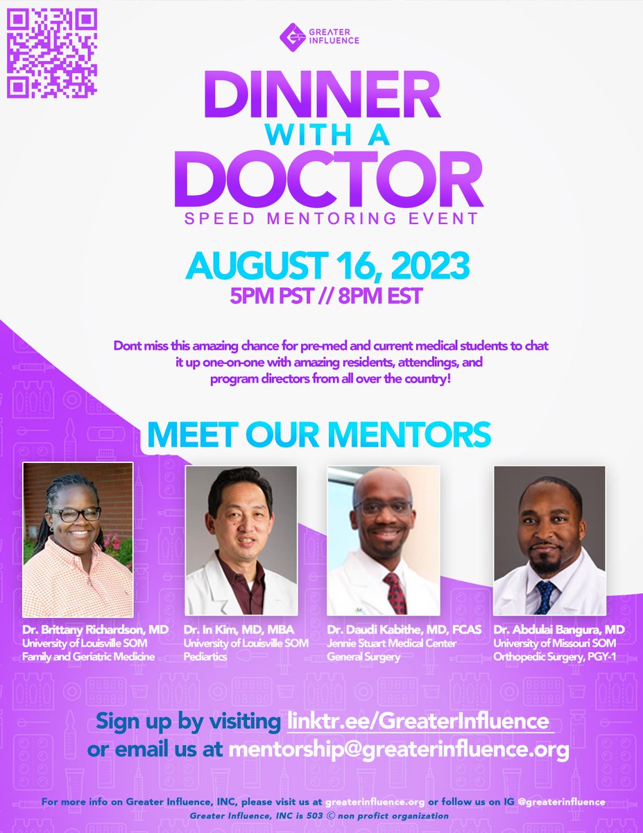 Are you a student interested in the opportunity to meet with a variety of physicians who could give you more insight on the path of pursuing a career in medicine? Please join for Dinner w/ a Doctor! 
 
Click here to register!

linktr.ee/greaterinfluen…