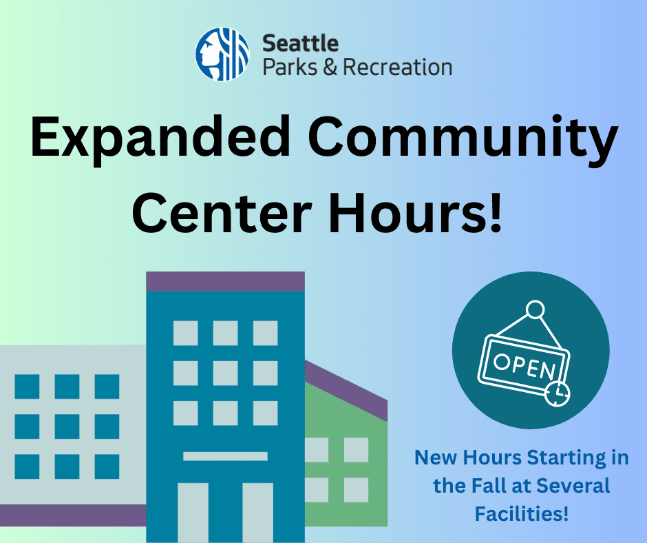 SeattleParks's tweet photo. Starting the week of September 11, longer hours are coming to a community center near you!
#BitterLake
#Delridge
#Laurelhurst
#Miller
#Northgate
#RainierBeach
#VanAsselt
#Yesler
More info: https://t.co/HHbzxOnXvu https://t.co/3mfS2MSvg9