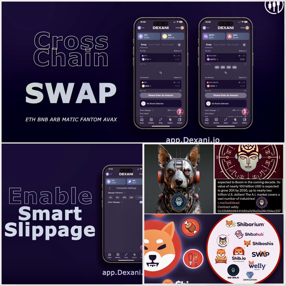 Joelliuzzi's tweet photo. Have you been trading $BAD on @Dexaniio swap ? If so you’re not alone @badideaai is $DEXANI top traded token swap / volume wise , recently I’ve seen a lot of questions about cross chain swap and trading 0 tax tokens well as you can see below DEXANI has you covered try trading $BAD below and see for yourself 
$X #ai #crypto $PEPE $EVIL $COCO $PNDC $BULLET

https://t.co/CDFH18TOrs

https://t.co/9SnvV52dYO