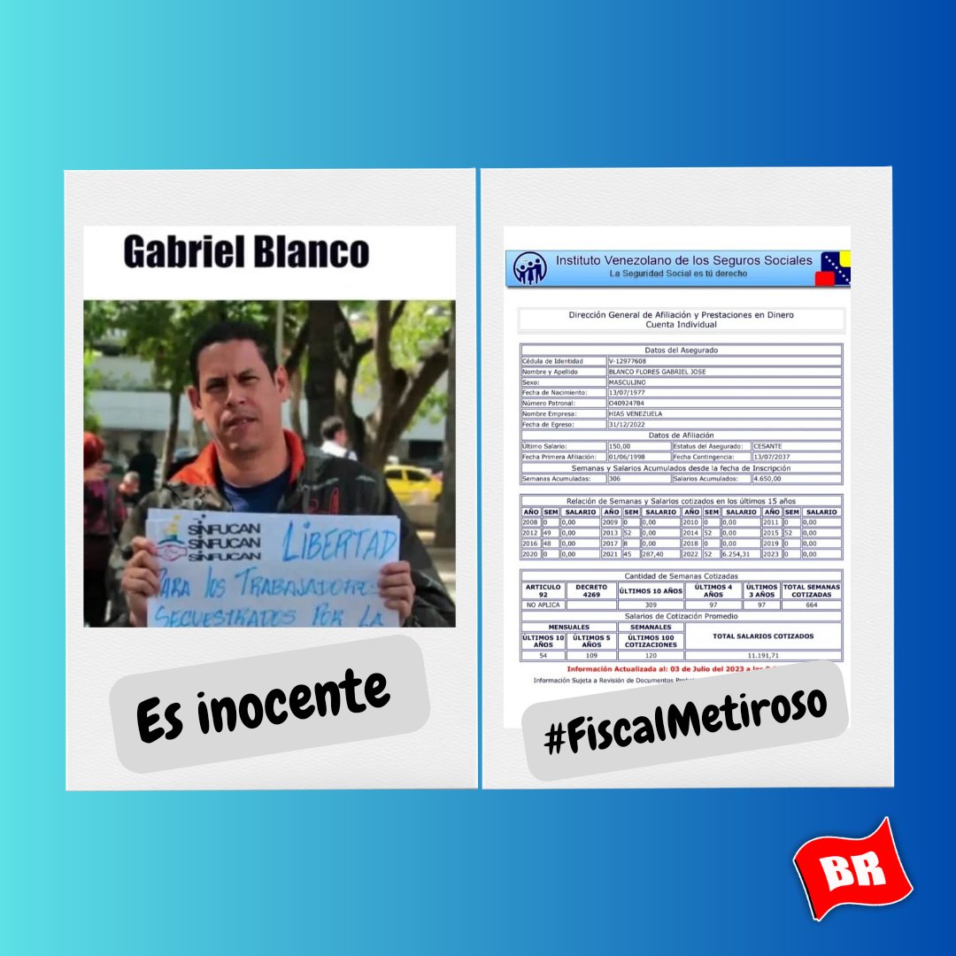 Bandera_Roja's tweet photo. #GabrielBlanco (46 años, Caracas)
📌Directivo del Sindicato SINFUCAN y de la Central Sindical ASI Caracas 
📌Trabajador en varias ONGs de DDHH.  
📌Luchador Social
#FiscalMentiroso https://t.co/2HDepTC9bW