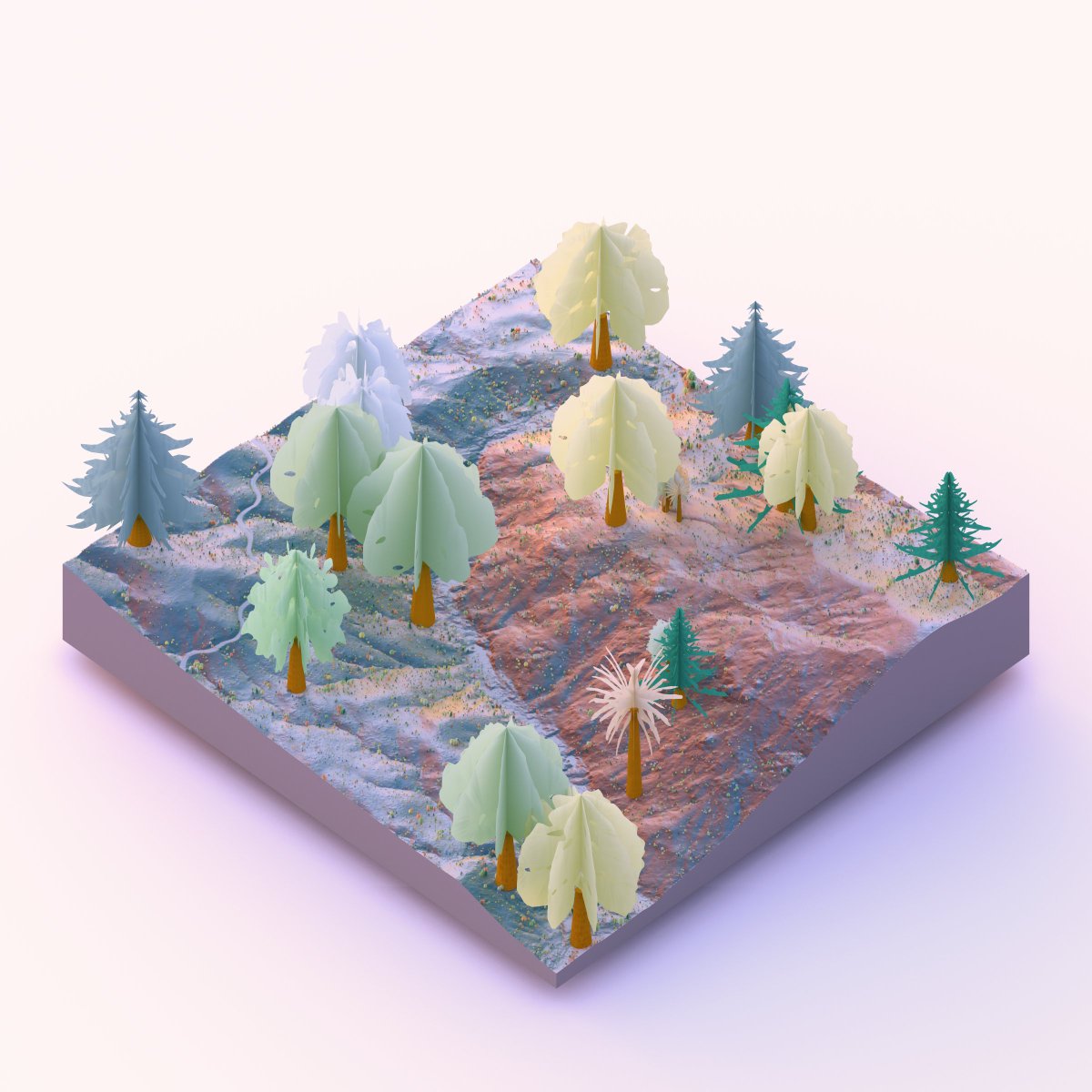 researchremora's tweet image. Belatedly playing with the rayverse&apos;s latest package—random trees of all shapes and sizes on actual DEM with tree locations. Now that I get a sense of how it works, my next one will be better (I hope!). :P 

#tree3d adventures, an #rstats tale