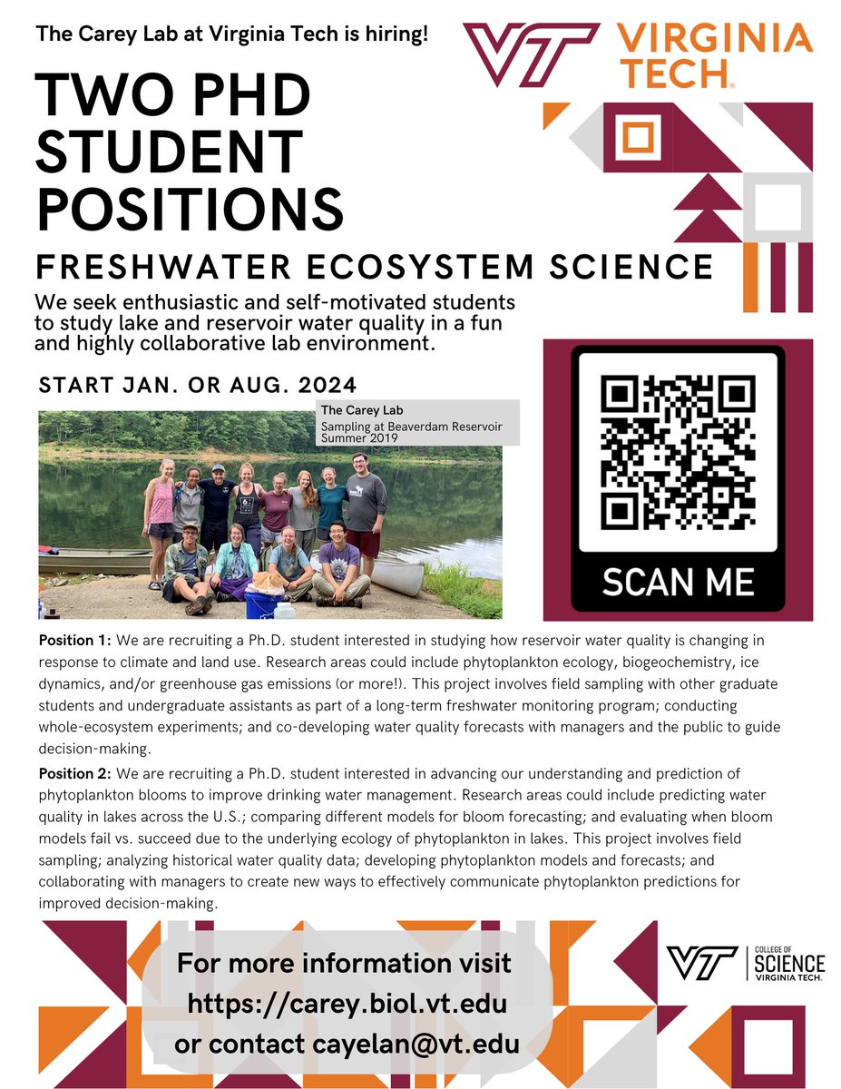 Cayelan Carey (@careylab) on Twitter photo The Carey Lab <a href="/virginia_tech/">Virginia Tech</a> is recruiting 2 PhD students in freshwater ecology (phytoplankton, biogeochemistry & more!) to start in Jan or Aug 2024- come join us! Learn more about the positions here: carey.biol.vt.edu/?page_id=90 & please RT! <a href="/GLEONetwork/">GLEON</a> <a href="/eco4cast/">Ecological Forecasting Initiative</a> <a href="/aslo_opps/">ASLO Opportunities</a> The Carey Lab <a href="/virginia_tech/">Virginia Tech</a> is recruiting 2 PhD students in freshwater ecology (phytoplankton, biogeochemistry & more!) to start in Jan or Aug 2024- come join us! Learn more about the positions here: carey.biol.vt.edu/?page_id=90 & please RT! <a href="/GLEONetwork/">GLEON</a> <a href="/eco4cast/">Ecological Forecasting Initiative</a> <a href="/aslo_opps/">ASLO Opportunities</a>