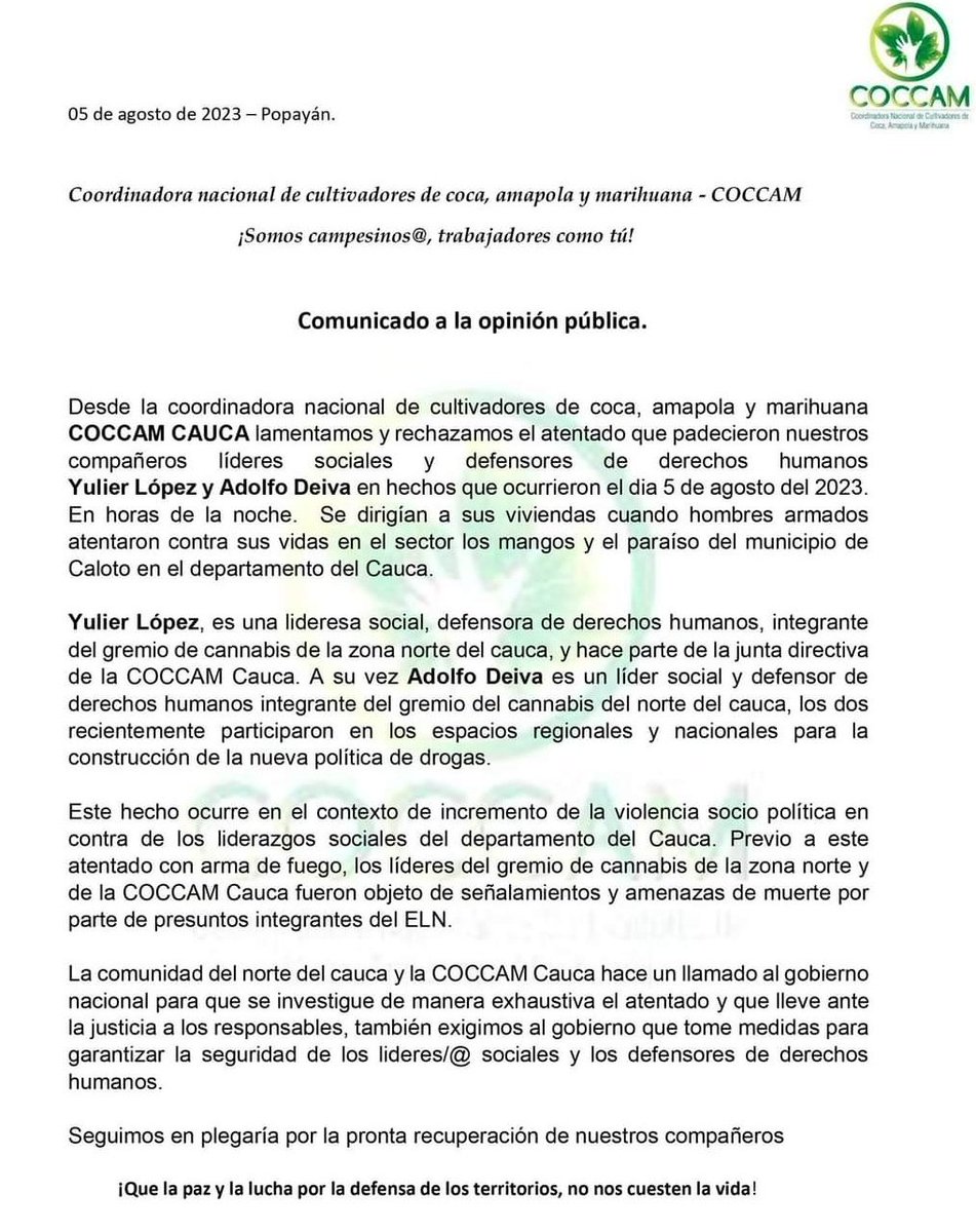 Rechazamos los hechos de este 5 de agosto, donde atentaron contra la vida de nuestros compañeros Yulier López y Adolfo Deiva, pertenecientes a la COCCAM. Llamamos al respeto por la vida de los liderazgos. #WilliamOrozcoDiputado #CaucaDespensaParaLaVida <a href="/coord_pupsoc/">PUPSOC</a> <a href="/petrogustavo/">Gustavo Petro</a>