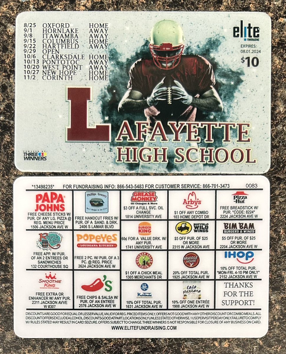 🚨 FUNDRAISER ALERT 🚨 
Lafayette Football is selling local discount cards for $10! Contact a football player or the front office for more information. #anchordown