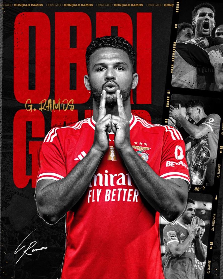 BenficaFR's tweet photo. C’est officiel ! Gonçalo Ramos rejoint le PSG en prêt avec OA obligatoire de 65M + 15M. 
Merci et bon vent à toi ! 🦅❤️‍🔥 https://t.co/lVOa5r1wWE