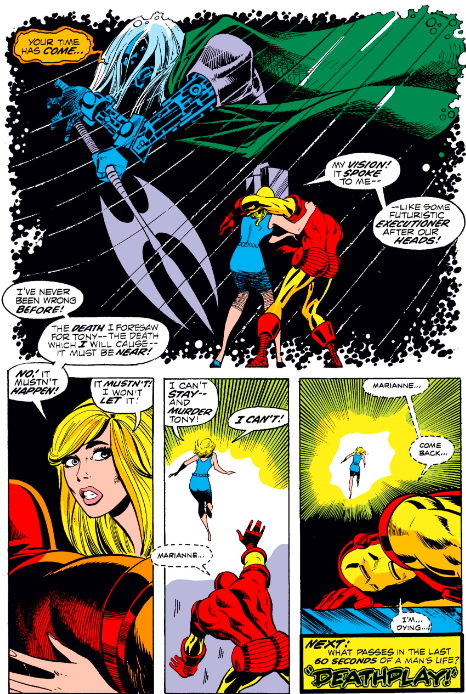 MarvelADay's tweet photo. #MarvelADay #IM49 Tony really needs help as Marianne arrives. Unfortunately, she gets another horrific vision and decides to leave Tony behind so she won't be responsible for his death. But will she be responsible just by leaving? Be here tomorrow as our story continues! - VA https://t.co/S5IBSlxBtd