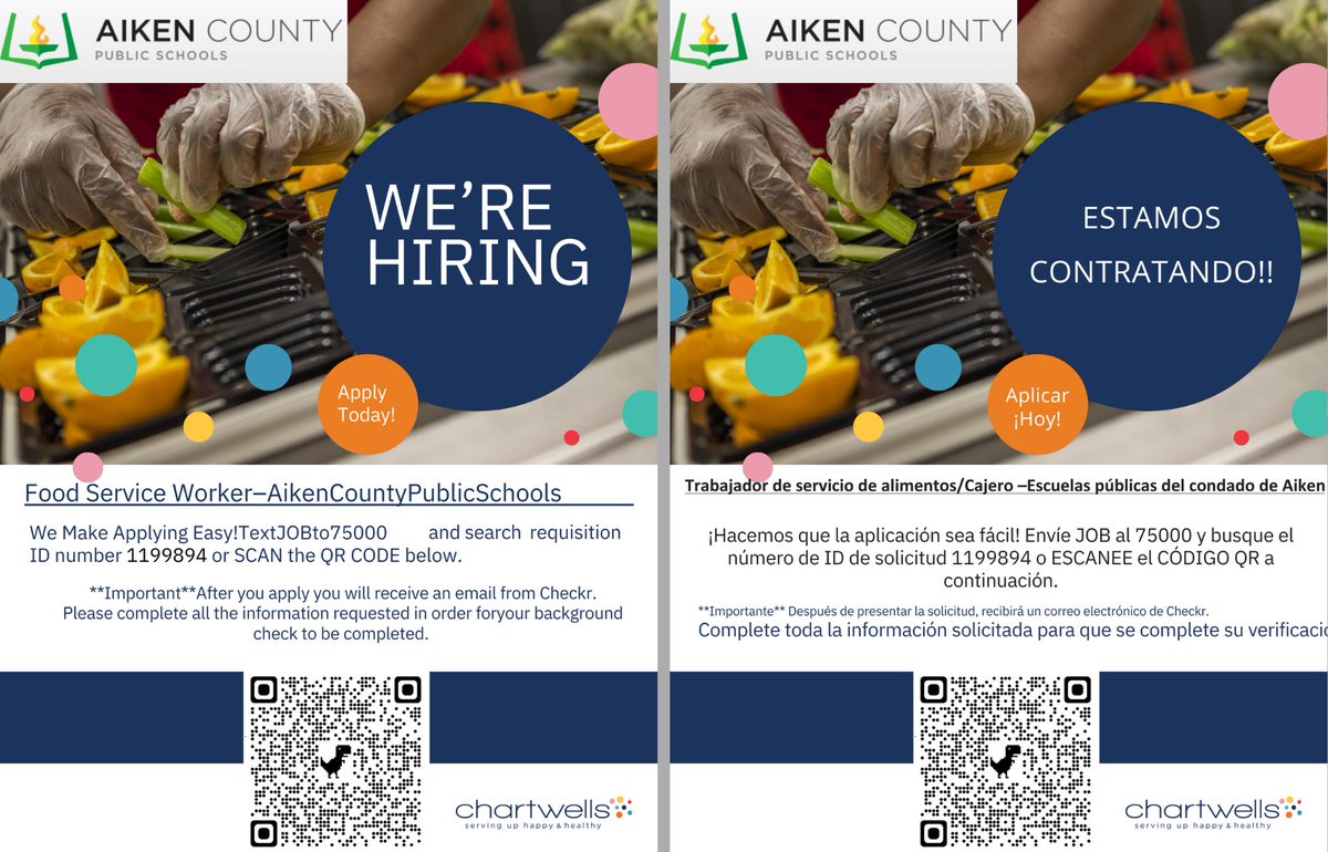 School Food Services in Aiken County is hiring!