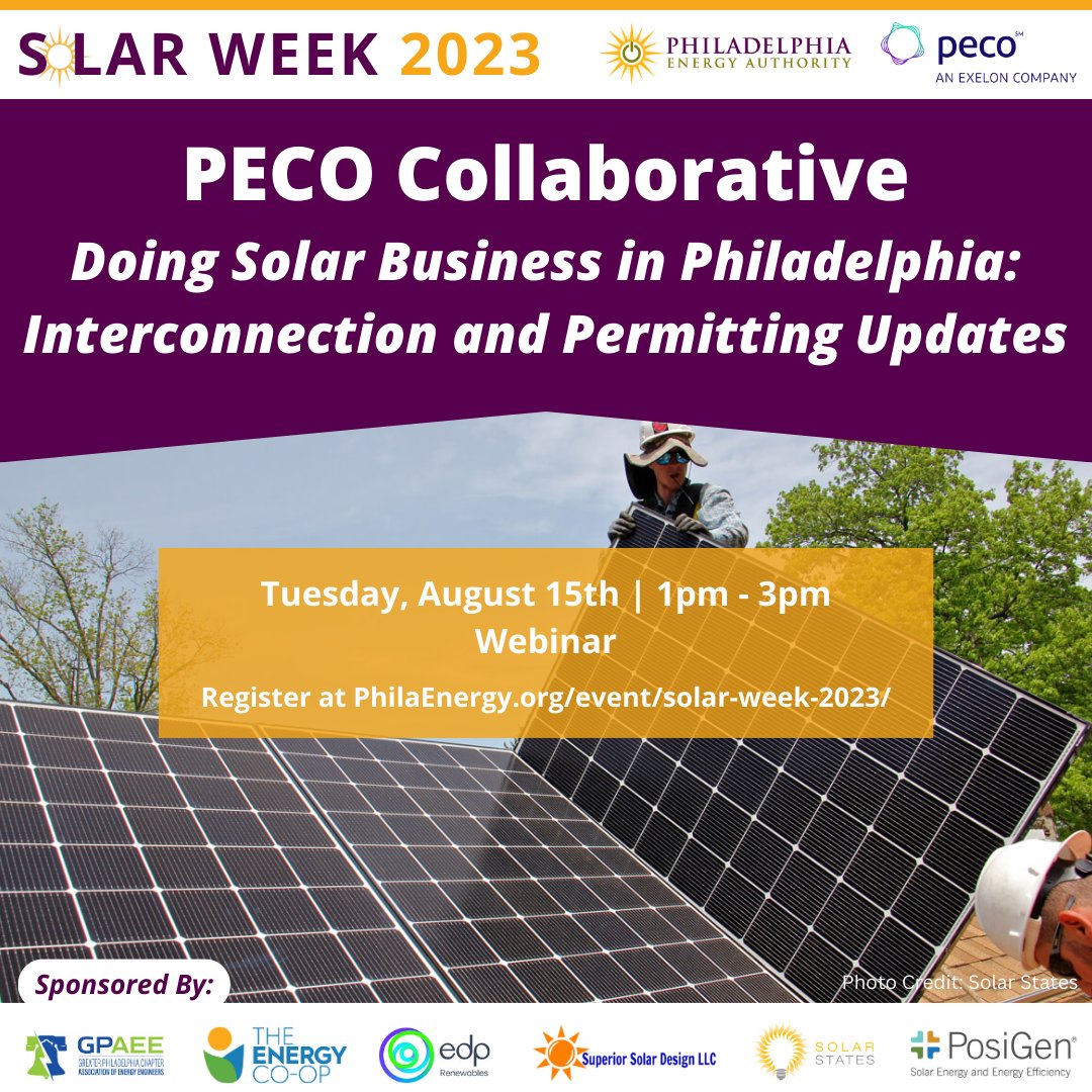 philaenergy's tweet photo. Check out our Solar Week collaboration with @PECOconnect! Learn more about PECOβs interconnection process and their new commercial incentive next Tuesday, August 15 at 1pm. #SolarWeekPHL
Sign up here: https://t.co/KP8CsHWVEo https://t.co/tXuV7F6QkW