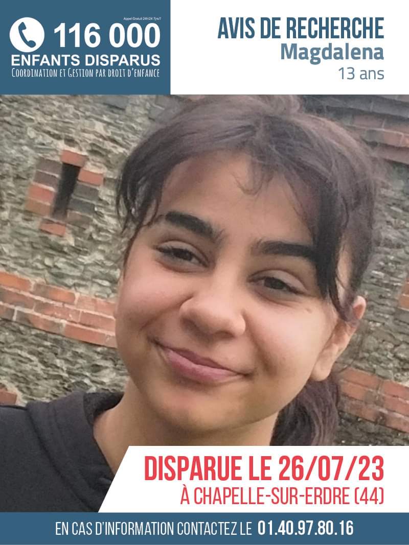 🆘 AVIS DE RECHERCHE 🆘
📷 Magdalena, âgée de 13 ans, a disparu depuis le 26/07/2023 à la Chappelle-sur-Erdre (44240).
#EnfantDisparu #RetrouvonsLes 
En cas d'information, contactez la cellule d'enquête au +33 1 40 97 80 16.
116000enfantsdisparus.fr/avis-de-recher…