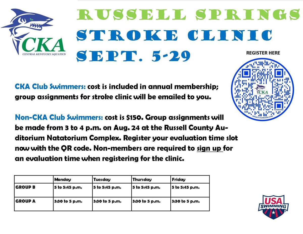 ckaquatic's tweet photo. We are  excited to be offering a Stroke Clinic at each of our locations during September.  Are you looking for a team, come try us out.  Looking to get a head start on High School season, come try us out.  Our coaches will do evaluations and establish group assignments. https://t.co/VlIkfSZKln